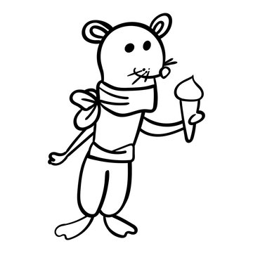 The mouse holds ice cream in its paws. Cartoon vector. Vector illustration Coloring page, Coloring book. Contour.