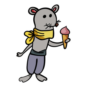 The mouse holds ice cream in its paws. Cartoon vector. Vector illustration