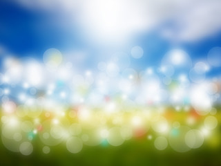 Obraz premium Blur golden feilds blue sky and sunlight for background. White circle and color bokeh.