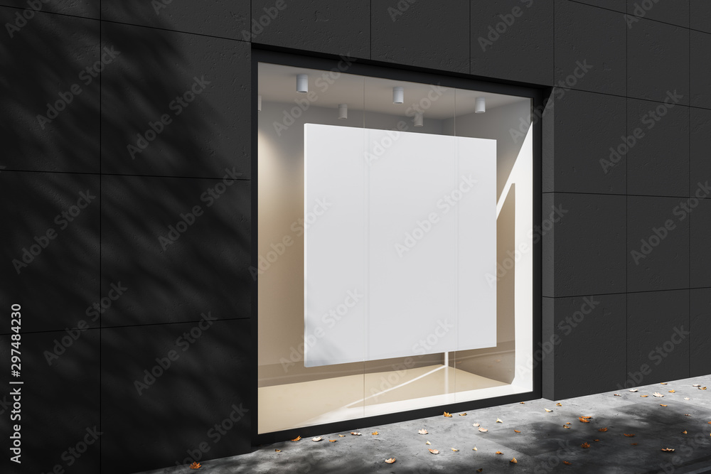 Poster exterior of a gray brick building with two square mock up posters in backlit windows. mock up. 3d re