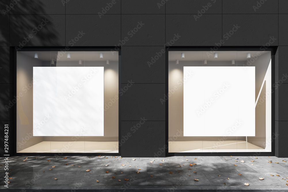 Poster exterior of a gray building with two square mock up posters in backlit windows. mock up. 3d renderin