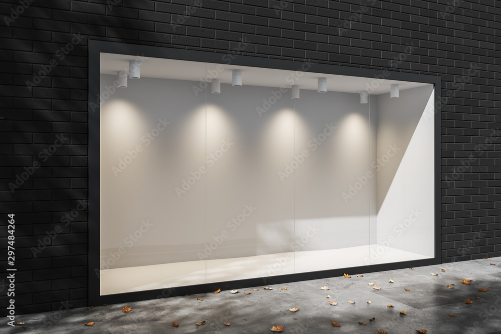 Poster side view of the exterior of the store with a large bright empty showcase in the daytime. mock up. 3
