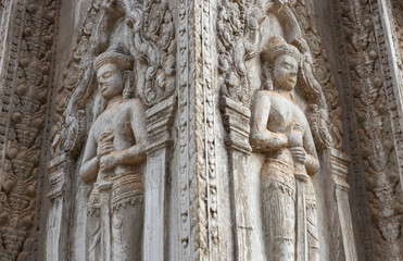 Bas Relief mural of Khmer culture in Angkor Wat temple wall , Cambodia, close up