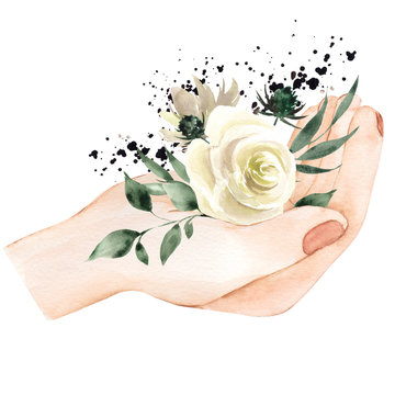 Watercolor illustration with nads and flowerrs, hand draw element isolated on white background
