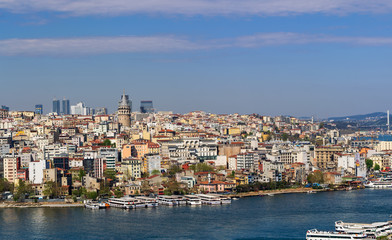Istanbul city view from Suleymaniye Mosque overlooking the Golden Horn with Galata Tower in the background, Istanbul, Turkey