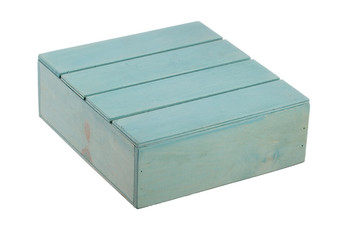 Wooden box with a lid on a white background. Turquoise storage box