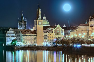 Fototapeta na wymiar Scenic summer evening view of the Old Town ancient architecture and Vltava river pier in Prague, Czech Republic