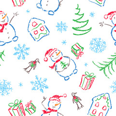 Kids hand drawing christmas seamless funny simple pattern. Like child drawn smiling snowman, tree, gift box, snowflake and house set. Crayon, pastel chalk or pencil doodle vector isolated background