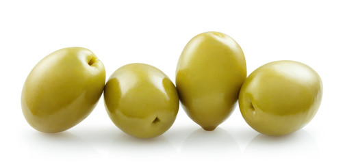 Close-up of delicious green olives, isolated on white background