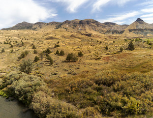 Picturesque landscapes of the scenic John Day River in the well preserved John Day Fossil Beds Sheep Rock Unit of Grant County in Kimberly, Washington.