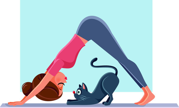 Funny Girl Exercising Next to Her Cat on Yoga Mat