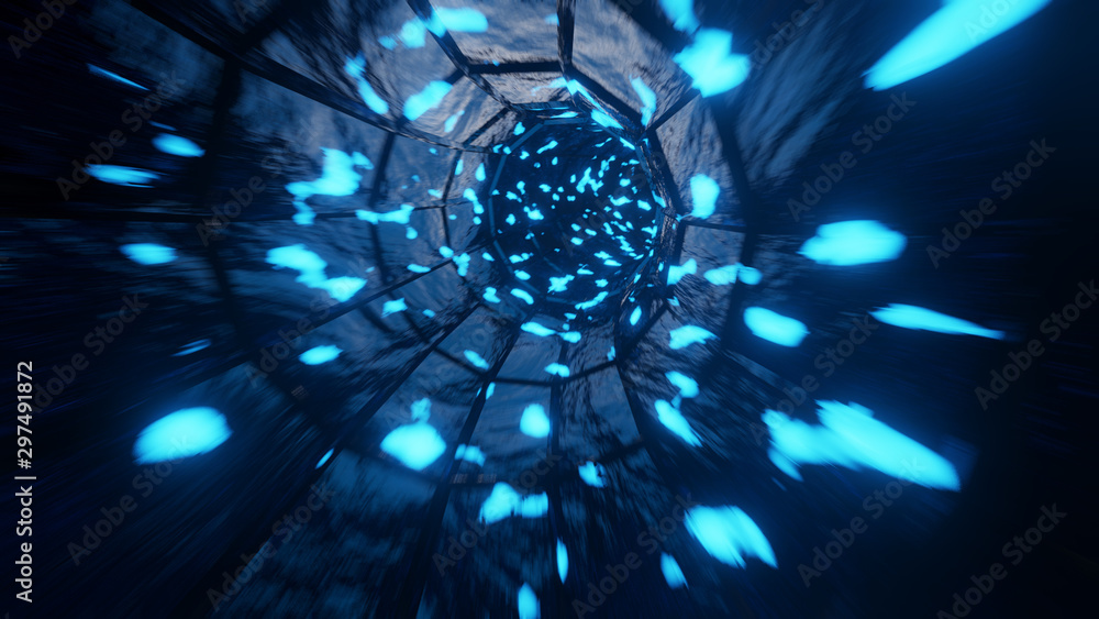 Poster 3d render of a hi-tech tunnel. technology background concept.