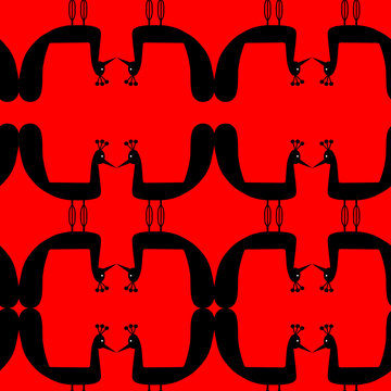 Seamless pattern black silhouettes of birds on red background