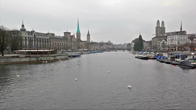 Zurich skyline and the Limmat river at cloudy day