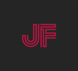 Initial two letter red line shape logo on black vector JF