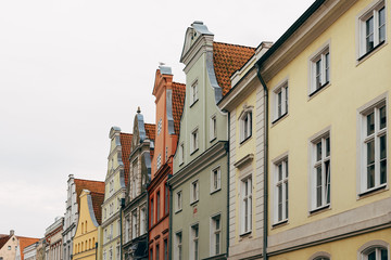 Traditional colorful houses with gable in the old town of Stralsund.