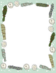 Cute cozy banner with sage smudge sticks and candles elements. Boho indigenous herb bundles flyer. Cute cartoon style template for agenda, planners, check lists, and other stationery. Space for text