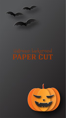 Halloween illustration, banner, poster. Design in the style of paper cut, art. Bat and pumpkins on a black background. Place for text.