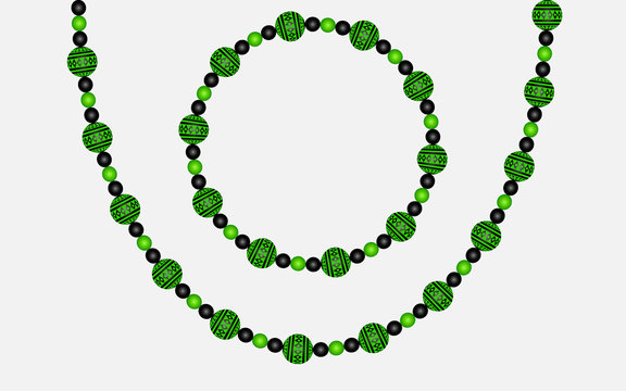 Beads on a white background, black beads and beads with a green pattern, vector illustration, eps 10