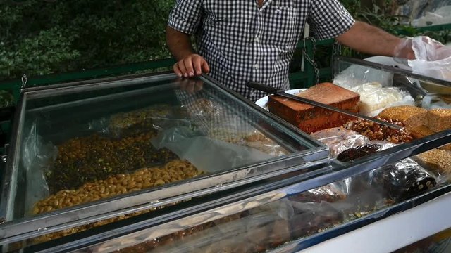 Typical Lebanese sesame sweets being sold at a snack sales stand in the villlage of Zahle, Lebanon