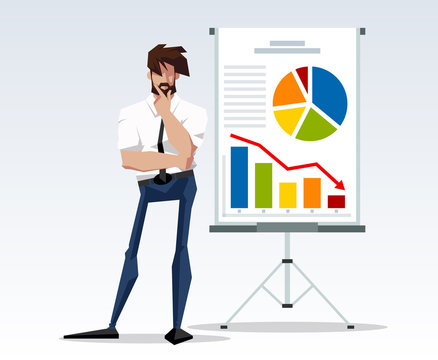 Business trouble concept: Concerned businessman is looking flip chart and thinking over the problem of business. Flat editable illustration come up with a solution. brainstorm business concept