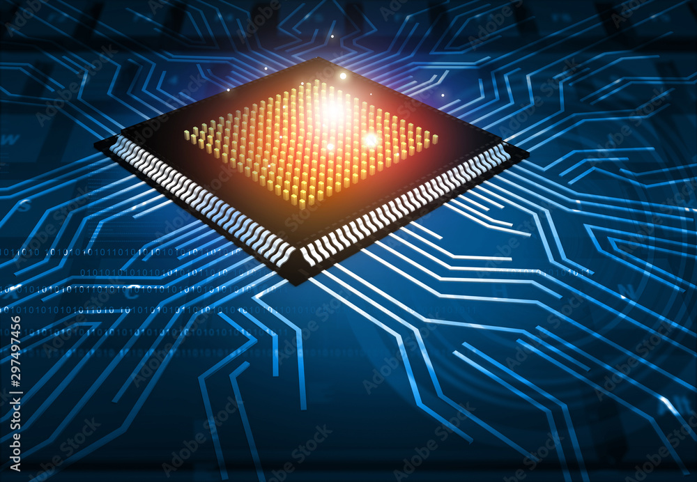 Poster modern computer processor with circuit board.technology background. 3d illustration.