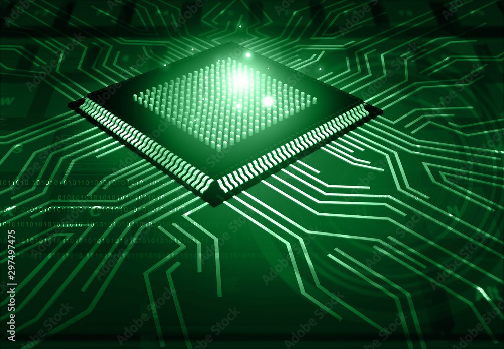 Poster modern computer processor with circuit board.technology background. 3d illustration.