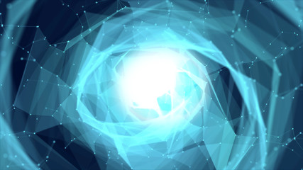 Gateway of space tunnel portal for future with flickering light grid wireframe wall dot line and circle swirl wave surface with door for digital space galaxy science technology abstract concept