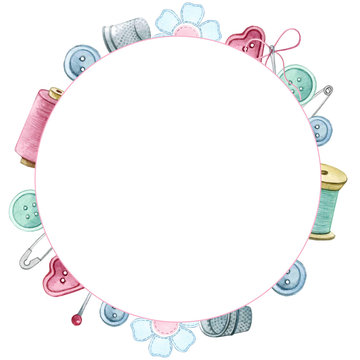 Watercolor Round Frame Sewing Elements.