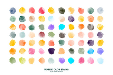 Set of colorful watercolor hand painted round shapes, stains, circles, blobs isolated on white. Elements for artistic design