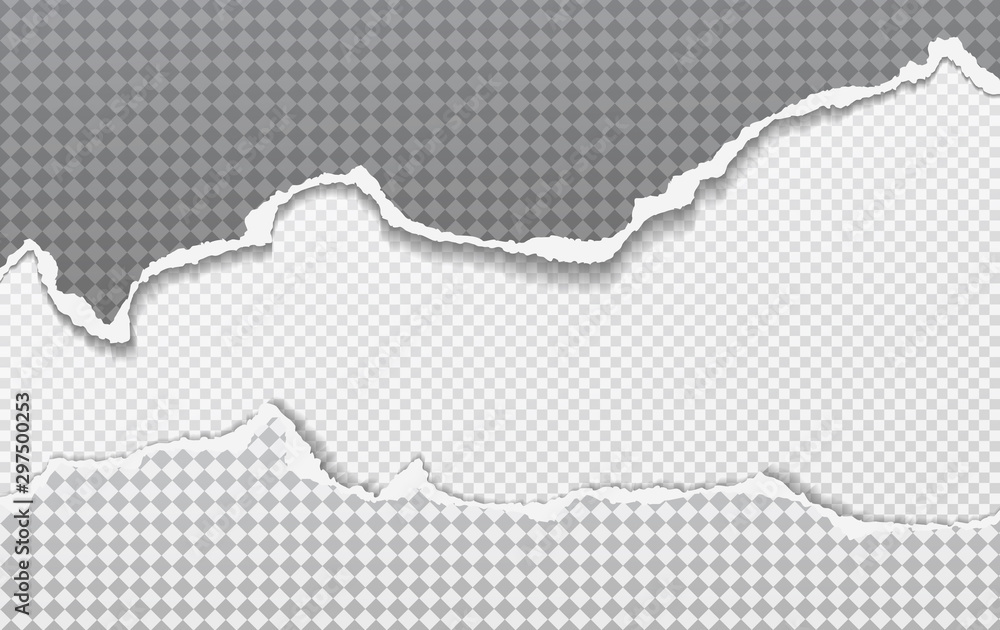 Poster piece of ripped white paper strips with torn edges and soft shadow for text are on squared backgroun