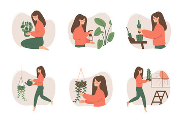 Cute girl takes care of houseplants. Female gardener pruning, watering, replanting, spraying potted plants. Vector illustration in flat cartoon style