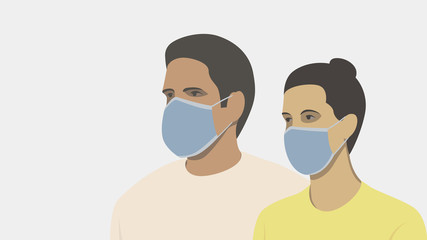 Vector illustration of a man and woman wearing protective face masks