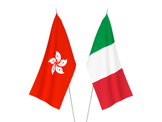 National fabric flags of Italy and Hong Kong isolated on white background. 3d rendering illustration.