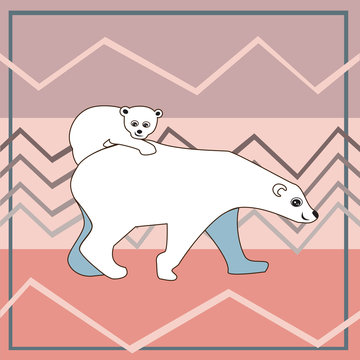 A vector card with bear mom and little bear on a pink background