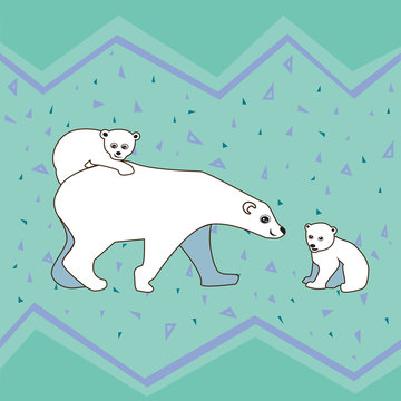 A vector white polar bear with cubs on a green background for kids