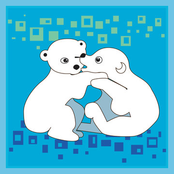 Two cute polar teddy bears are playing on a blue background