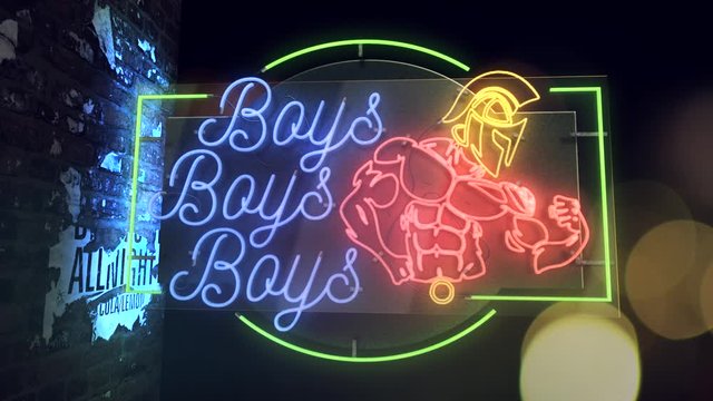 Realistic 3D render of a vivid and vibrant animated flashing neon sign for an adult club depicting the words Boys Boys Boys, with a night scene background