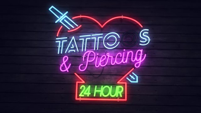 Realistic 3D render of a vivid and vibrant, dynamic animated flashing neon sign depicting the words Tattoos And Piercing - 24 Hour, with an interior scene background