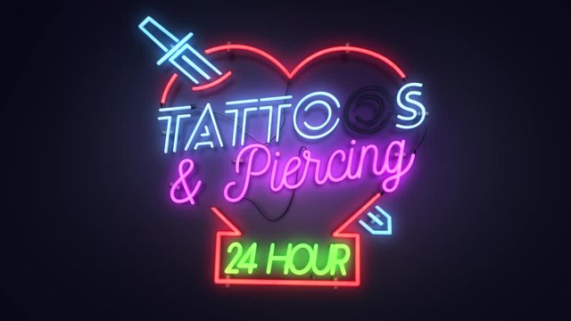 Realistic 3D render of a vivid and vibrant, dynamic animated flashing neon sign depicting the words Tattoos And Piercing - 24 Hour, with a plain background