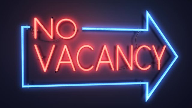 Realistic 3D render of a vivid and vibrant animated neon sign, with the words No Vacancy illuminated, with a plain background
