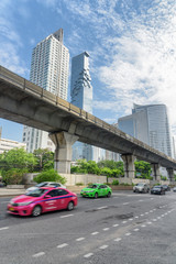 Sathon Road and viaduct of BTS Silom Line. Bangkok, Thailand