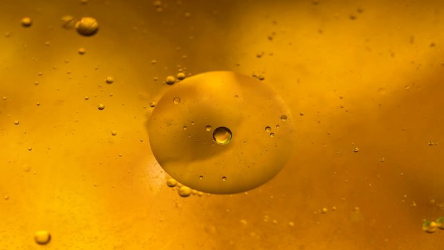 Abstract colorful background. Foam of Soap with Bubbles macro shot. Closeup bubbles in water. Oil drops on a water surface abstract background. Golden yellow bubble.Yellow water bubbles wallpaper. 4k 