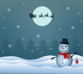 Snowman in winter bring Christmas decoration. Landscape views and snowflakes. illustration of Santaclaus flying. Blue moon and background vector. Cute Snowman.