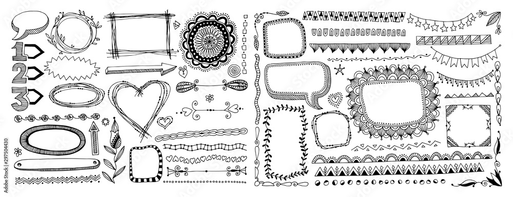 Sticker set of doodle sketch frame, line, corner and divider