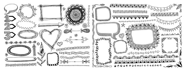 set of doodle sketch frame, line, corner and divider