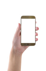 hand holding mobile smart phone  isolated on white background,clipping path