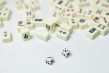 Pile of Mahjong ancient asian game on the white background 