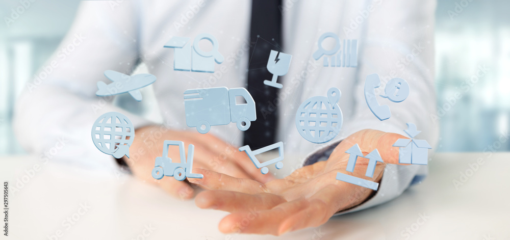 Poster businessman holding a logistic organisation with icon and connection 3d rendering