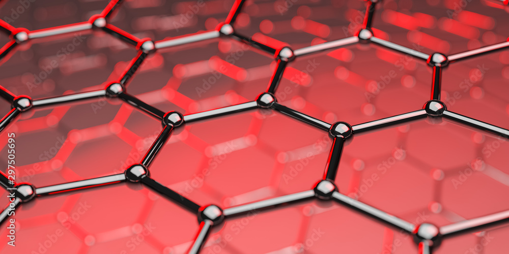 Poster graphene molecular nano technology structure on a red background - 3d rendering